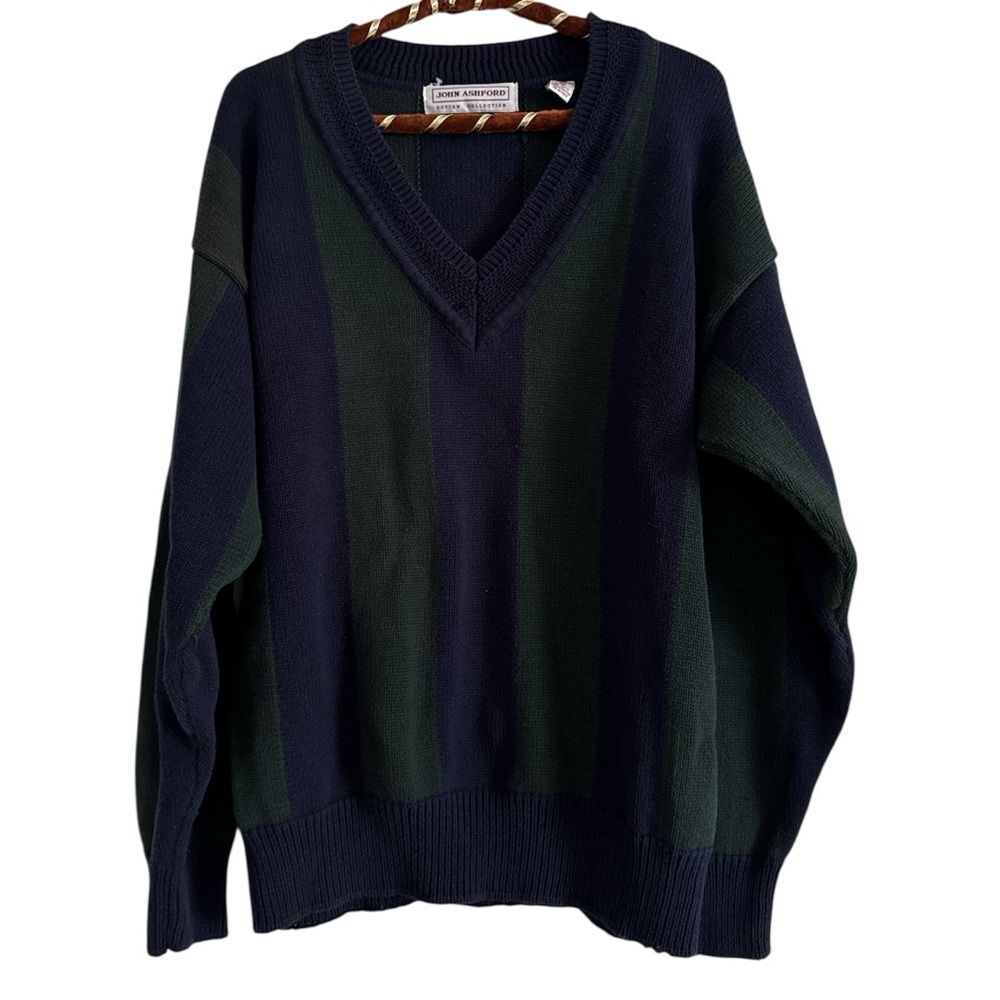 John Ashford Men's V-Neck Sweater - Blue  and Green EUC